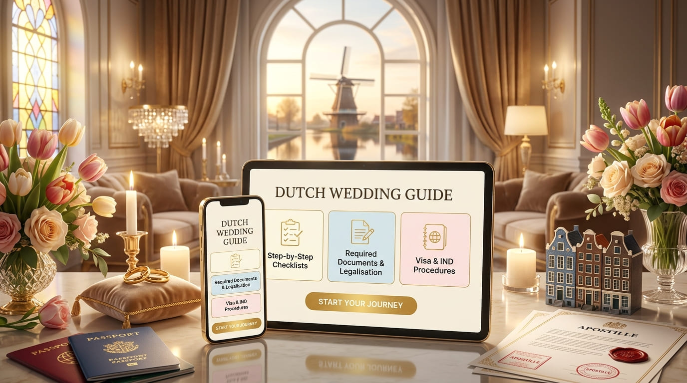 Salon met tablet, telefoon, tulpen, ringen op een kussen, paspoorten en een document met lakzegel voor een raam met molen